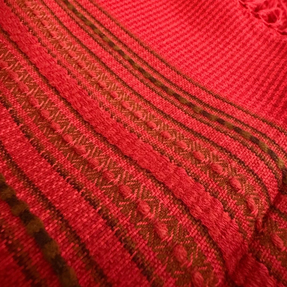 Vibrant Red Striped‎ Woven Scarf Fringe Accent